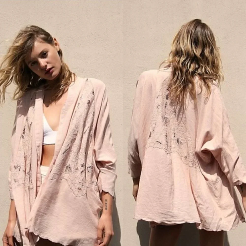 New Free People Cool Nights Crochet Conch Pink Cardigan Short Duster Kimono Sz S
